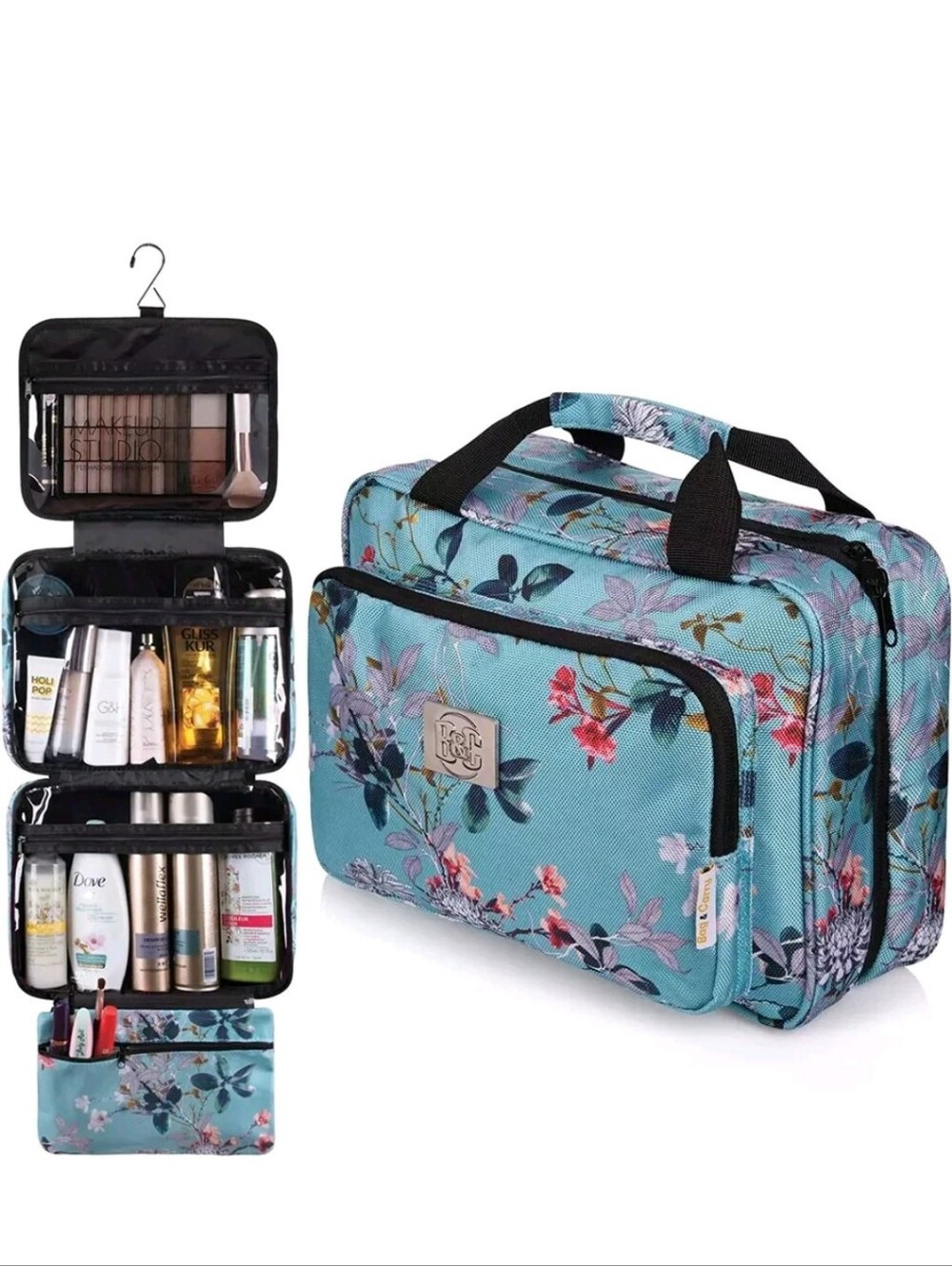 Bag&Carry Large Hanging Toiletry Bag Makeup Organizer Turquoise Floral Canvas